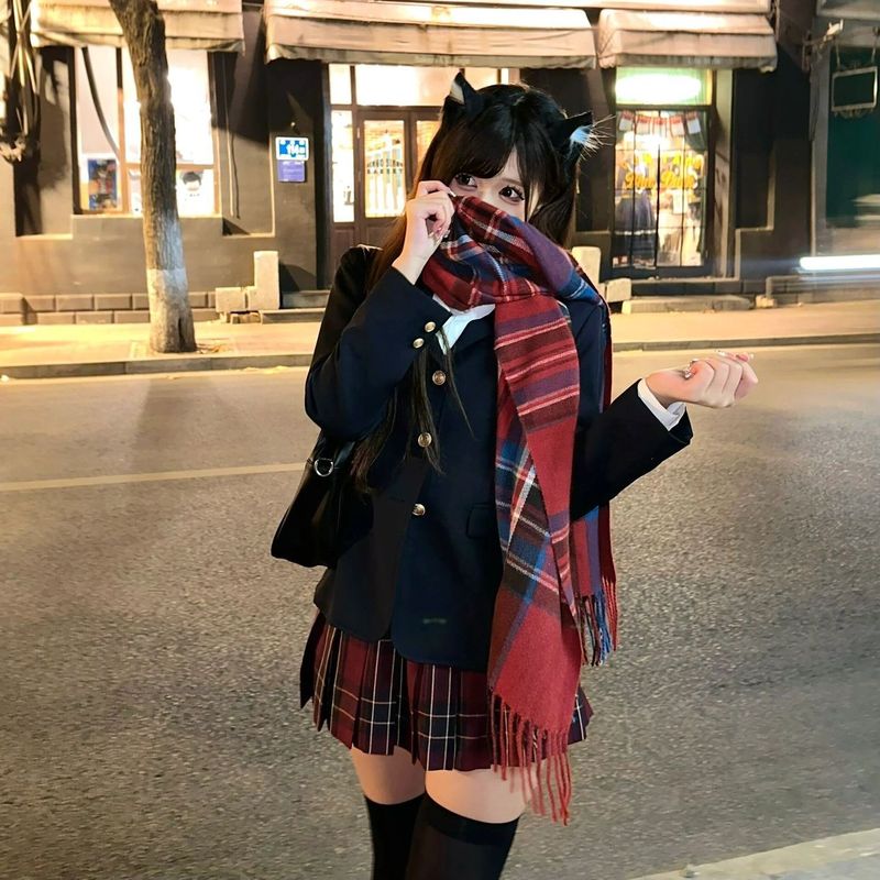 氛围感红色格子jk围巾女秋冬季保暖百搭韩系学生亚文化情侣围脖