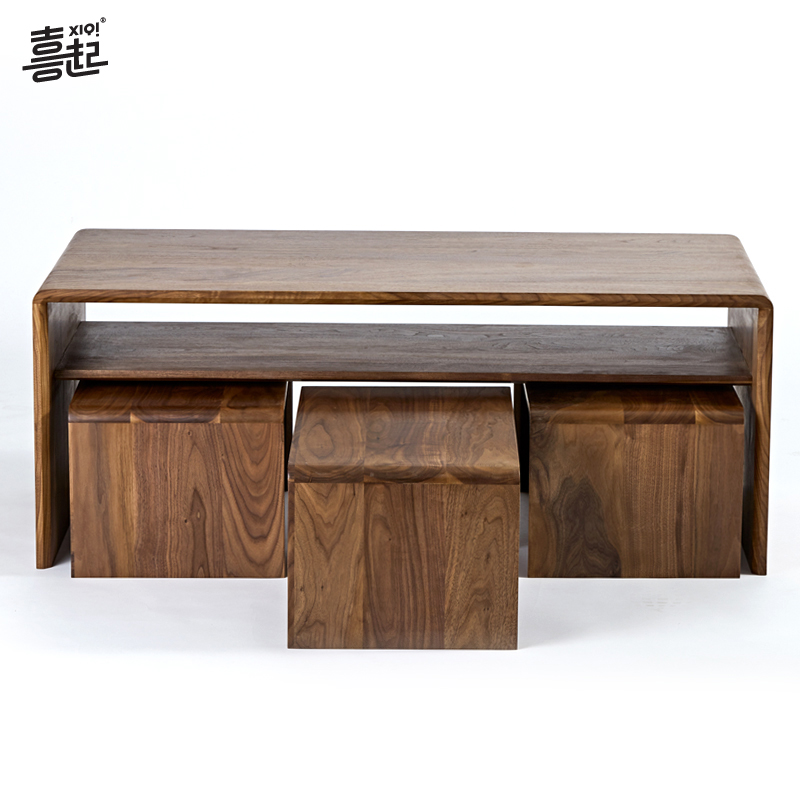 喜起黑胡桃木客厅茶桌 简约小户型原木茶桌 实木炕几收纳飘窗茶几