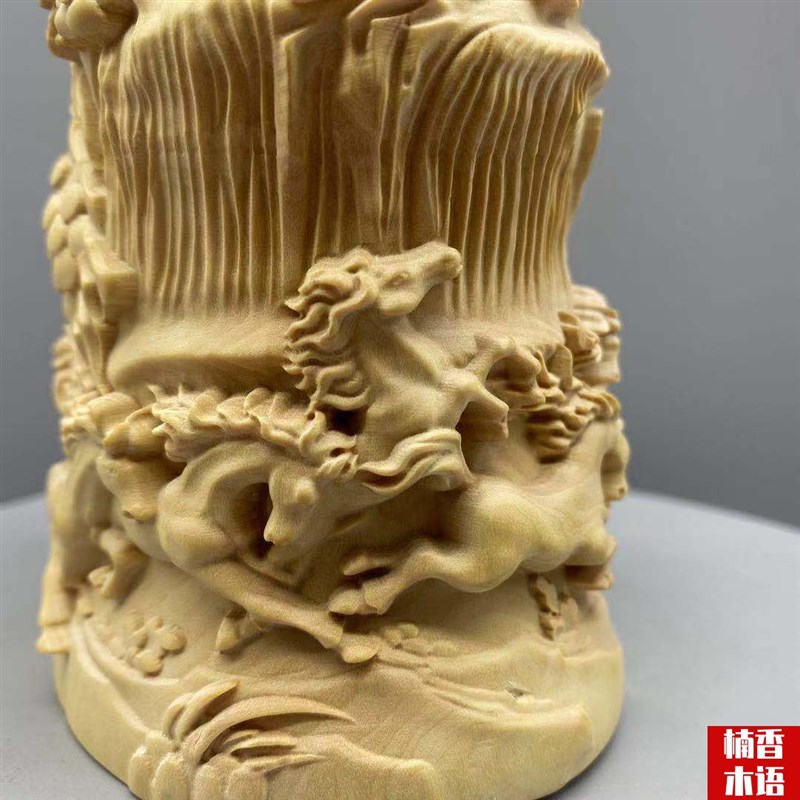 小叶黄杨木雕刻八骏马笔筒实木动物松树文房四宝收纳书房装饰摆件