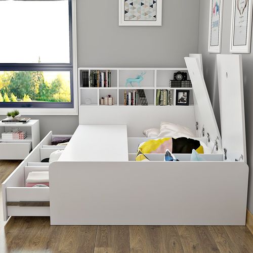 欧式家用简约现代风格带衣柜置物书架一体可定制可收纳衣物组合床