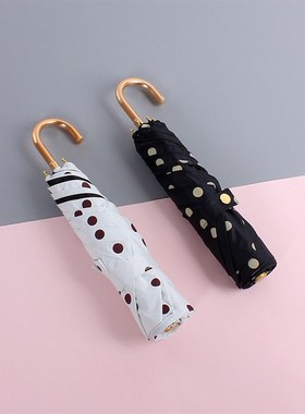 现货RECHAR新款弯柄弯钩点点波点黑胶三折伞防风纤维骨晴雨遮阳伞