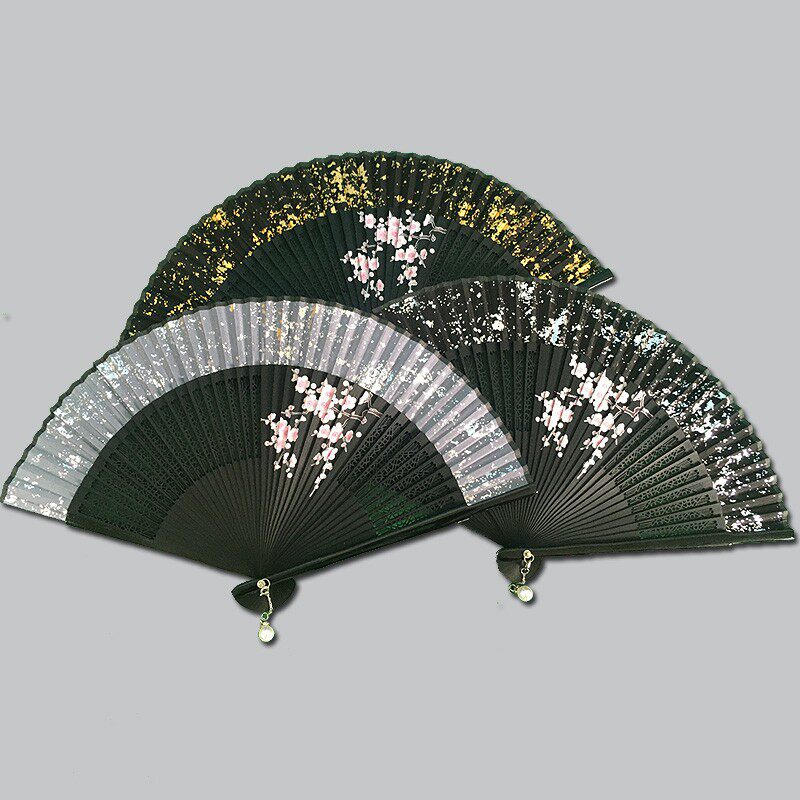 折扇中国风烫银扇子女夏天随身便携流苏小巧扇古风手绘梅花镂空扇