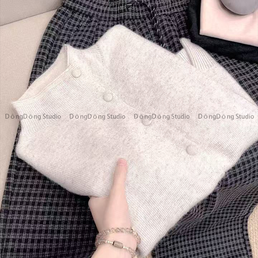 秋冬新品【鱼骨包扣】半高领纯色宽松长袖针织开衫毛衣外套251023