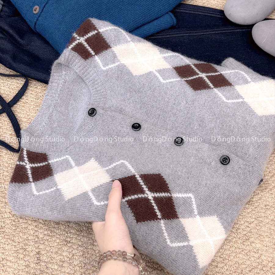 秋季新品【复古菱格】菱形提花圆领长袖针织开衫宽松毛衣外套3568