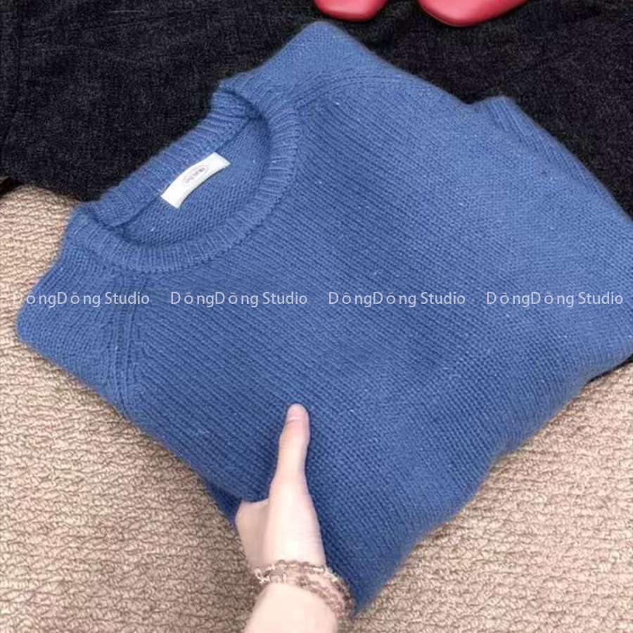 秋冬新品[星球蓝]纯色全毛圆领套头宽松长袖针织衫保暖厚毛衣8855