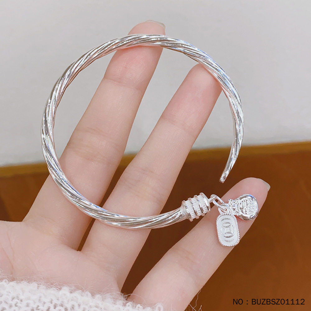 皕宝楼足银实心铜钱图案胖福吊饰吉言麻花纹开口手镯