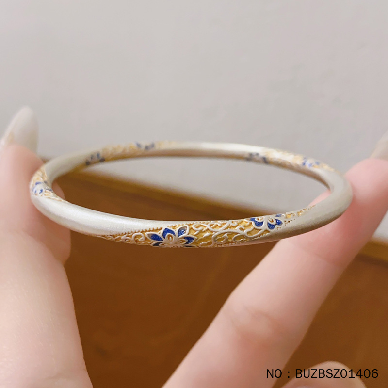 皕宝楼足银实心固口描金低温珐琅国潮繁华手镯