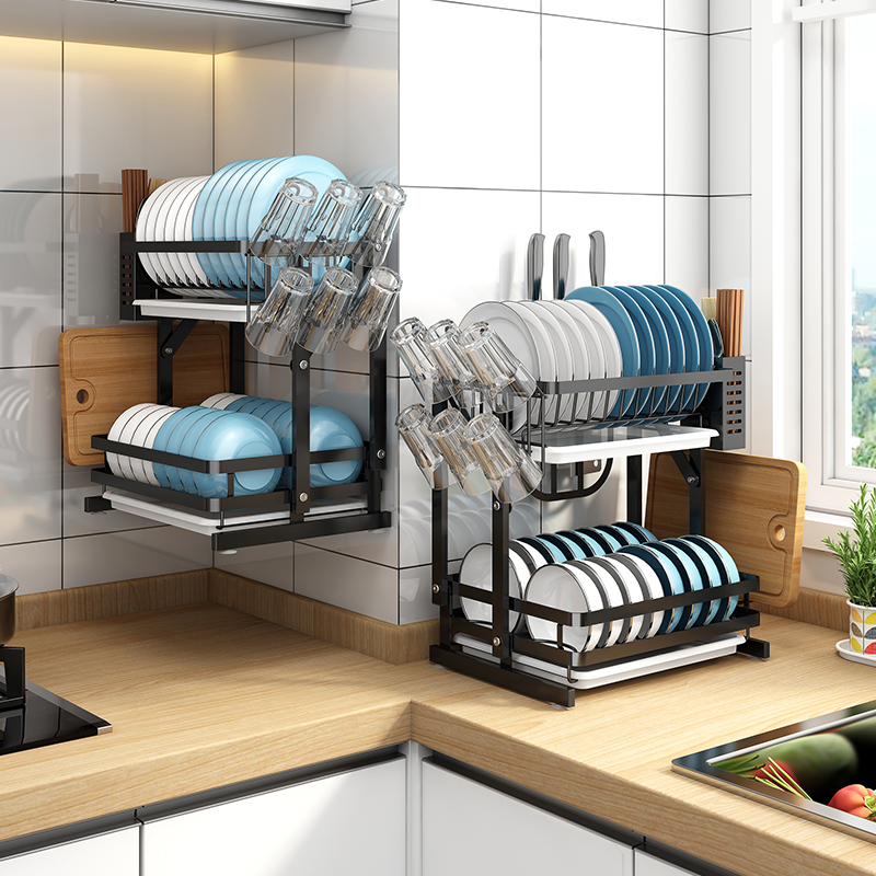碗架免安装折叠厨房双层碗碟沥水架台面碗盘置物架壁挂盘子收纳架