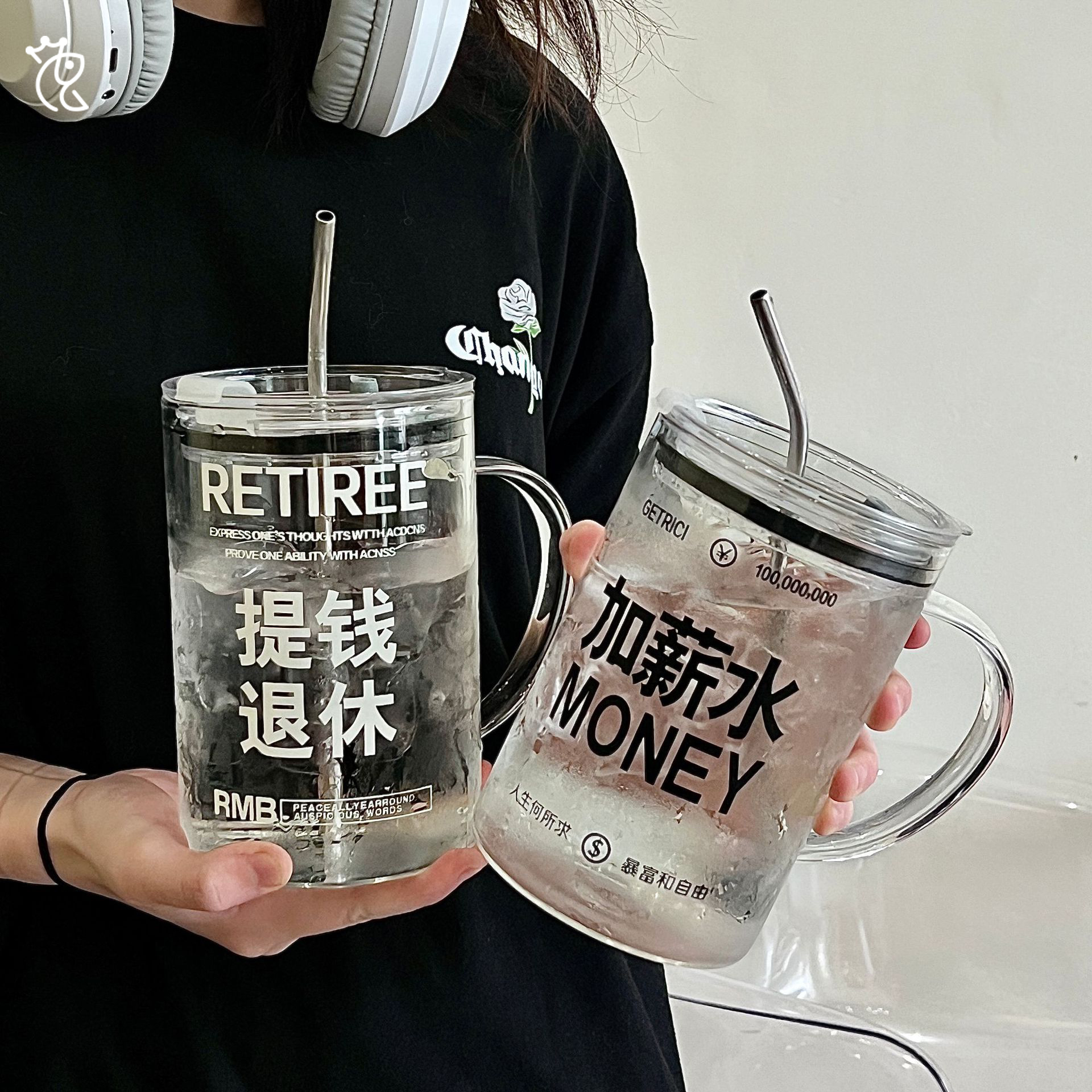 马克杯1000ml 大容量水杯高硼硅玻璃耐高温茶杯带吸管富图纳F26