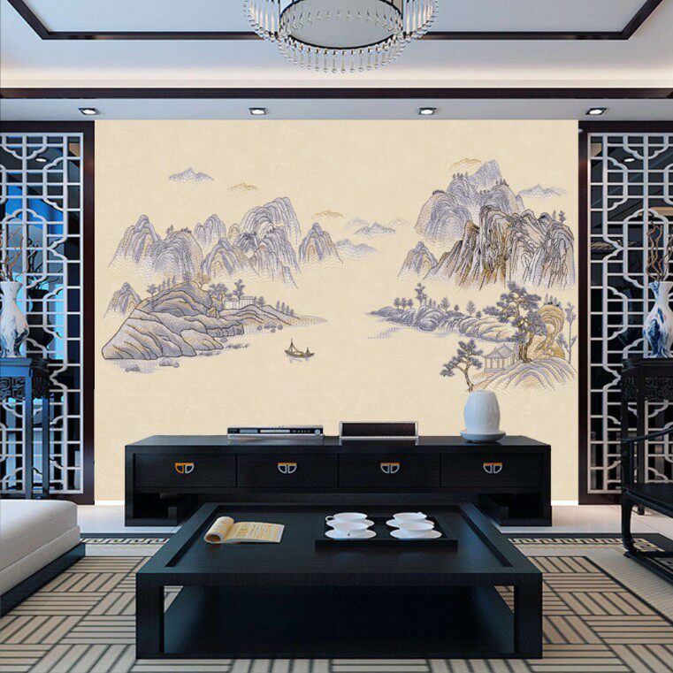 独绣刺绣沙发背景墙布独