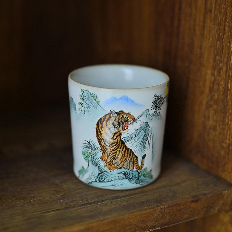 景德镇汝瓷开片手绘虎啸山林茶杯主人杯品茗杯茶盏手拉胚茶杯