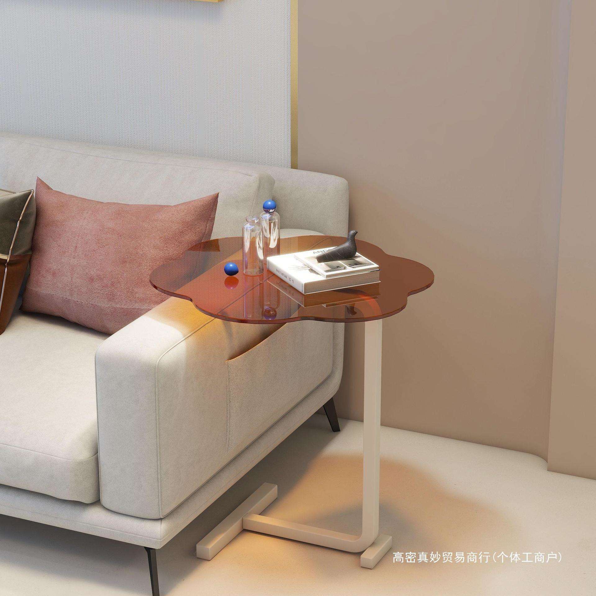 黑色复古花朵简约钢化玻璃置物架客厅沙发阳台圆形茶几床头柜桌子