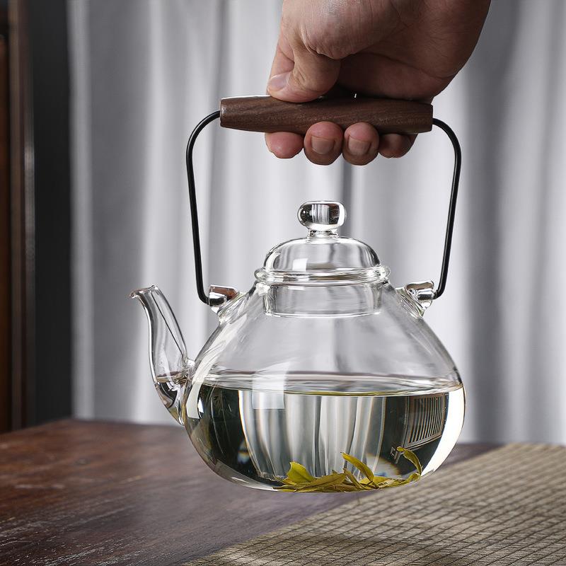 围炉煮茶日式黑胡桃木把提梁壶高硼硅耐高温玻璃煮茶大容量可电陶