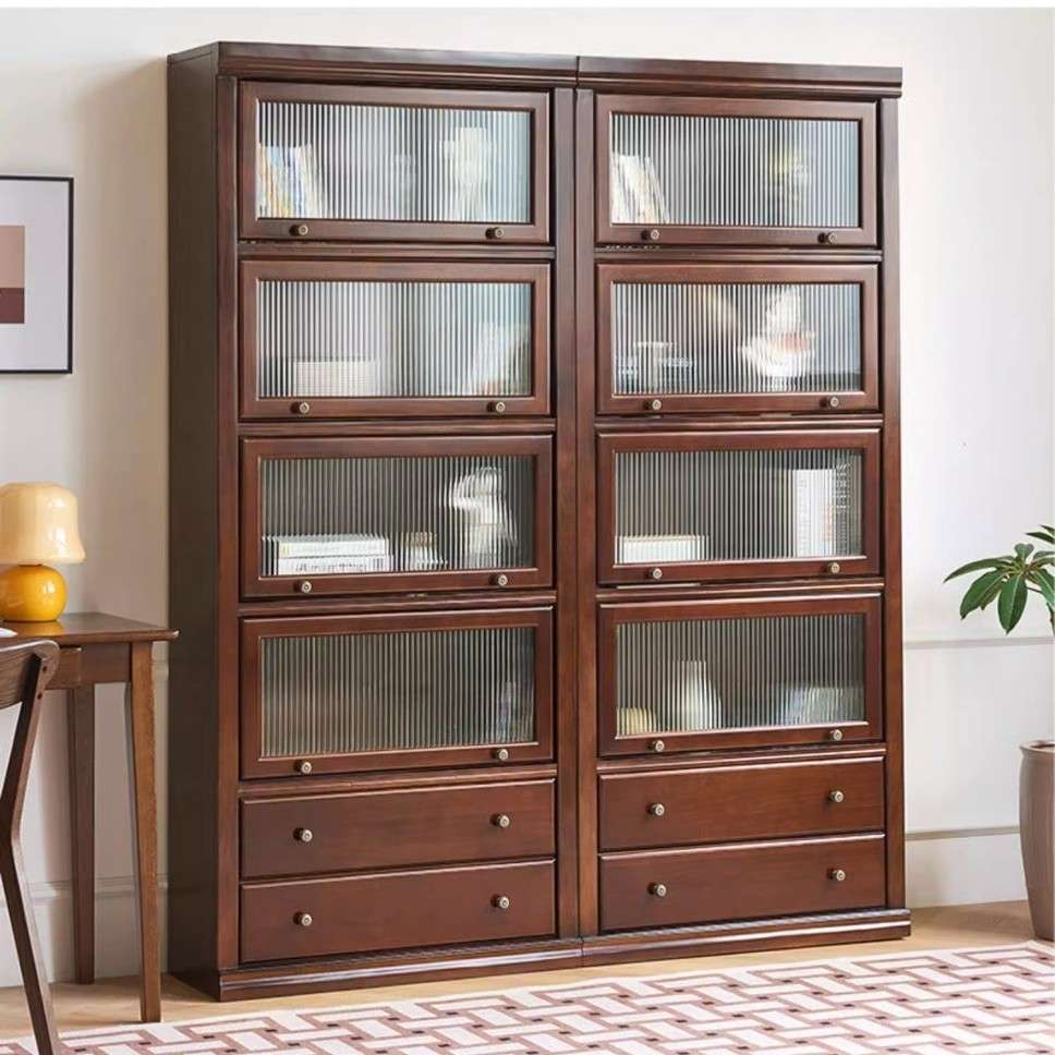 客厅原木储物柜多层组合收纳柜书架纯实木书柜落地带门翻斗展示柜