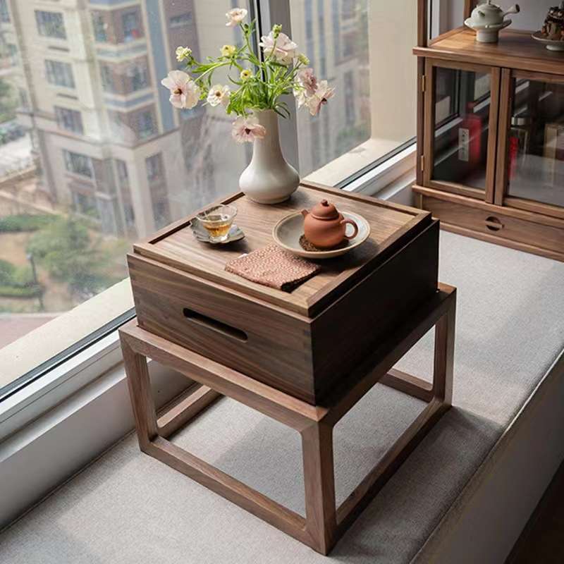 禅意小茶台茶桌飘窗桌日式榻榻米可收纳黑胡桃实木阳台茶几小桌子