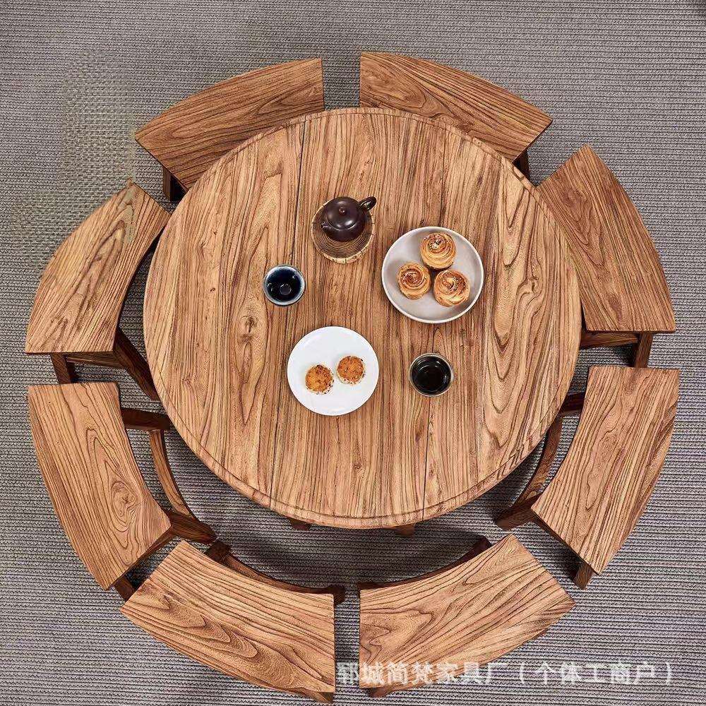 实木圆桌餐桌家用吃饭桌子酒店老榆木桌椅组合酒楼吃席整套大圆桌