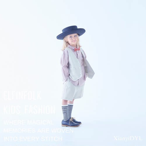 Elfinfolk26春夏日系男童背带裤短裤生日礼服马甲套装领结周岁T恤