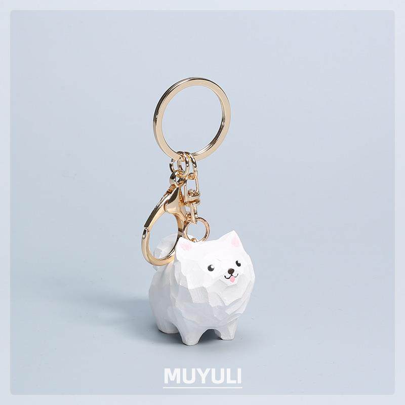 木雕萨摩耶钥匙扣情侣一对小狗钥匙链包包挂件装饰可爱情人节礼物