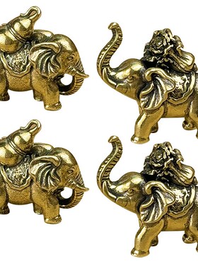 复古实心纯黄铜办公桌面车载小摆件福禄大象茶宠工艺品手把玩件