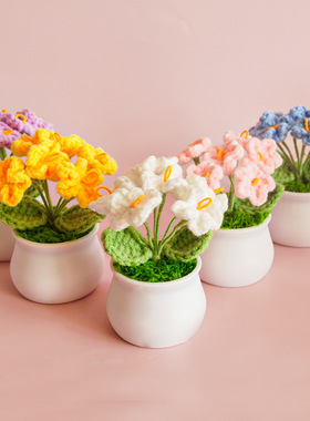 跨境手工编织情人节毛线盆栽勿忘我装饰品家居送礼高雅情调创意