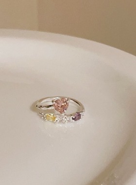 粉色爱心锆石爱心戒指女甜酷风时尚设计感指环两件套食指戒