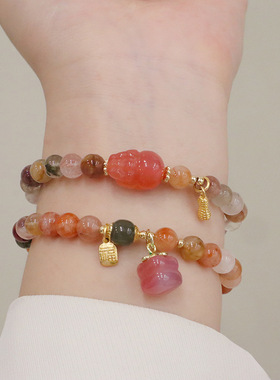 圆形玛瑙手串新款女水晶柿子天然貔貅彩发晶手链盐源手串新中式