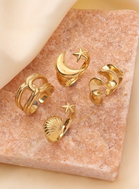 2025新款欧美风尚钛钢轻奢法式复古星星月亮开口套装时尚戒指