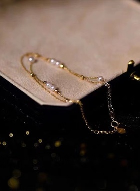 天然淡水珍珠18k金无瑕珍珠款双层手链14k包金微瑕珍珠款双层