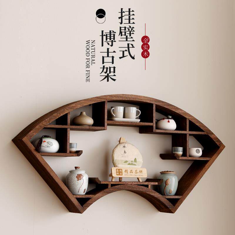 。扇形博架实木中式壁挂式。多宝RDG阁现挂墙简约代茶古壶架子置