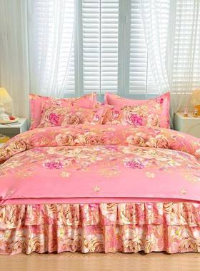 防滑床裙四件双套被套单件人床层床罩TUG套双保护花边床单韩版三