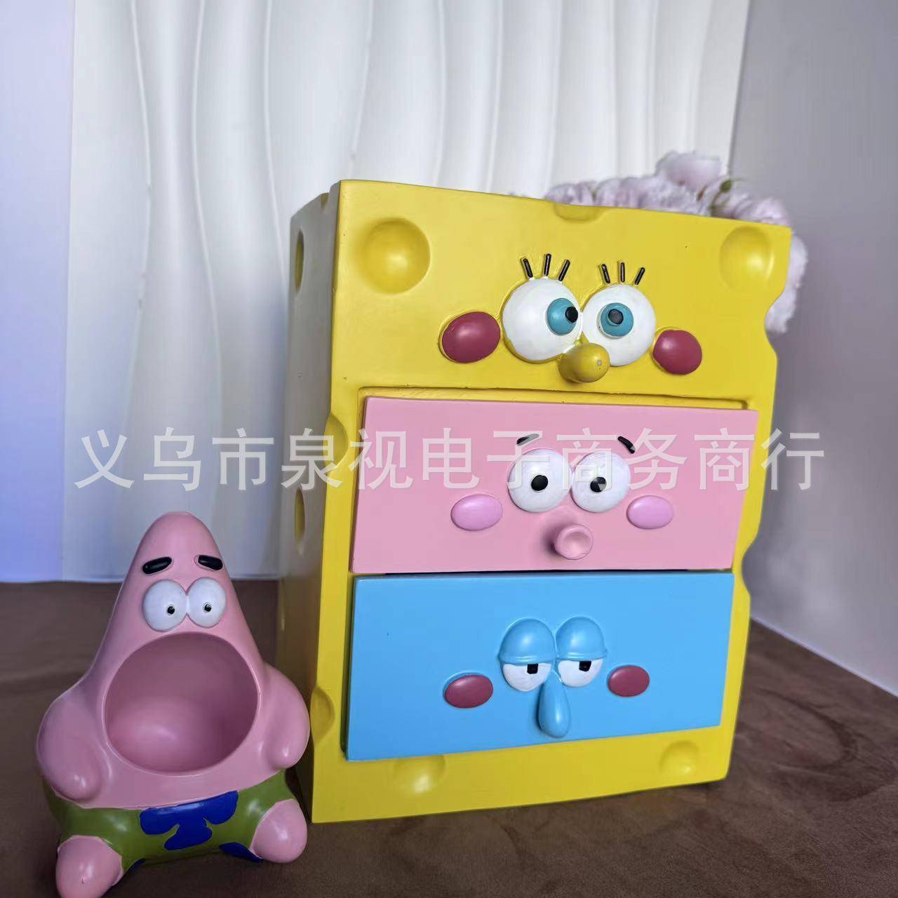 新款现货海绵宝宝抽屉派大星章鱼哥抽屉桌面摆件卡通置物收纳摆件