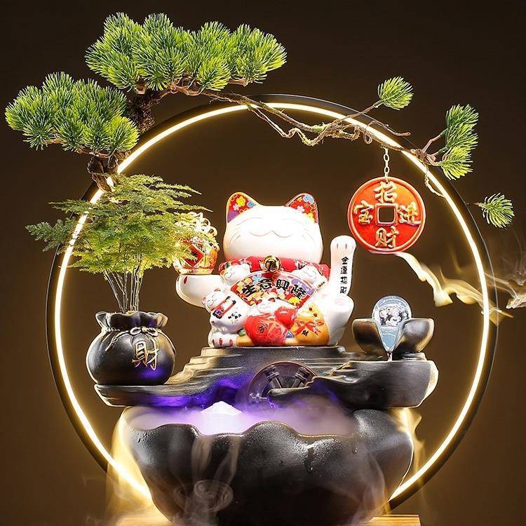 新款开F97J8TH9业物猫摆件动手前台入办户客招厅公室循环自流水装