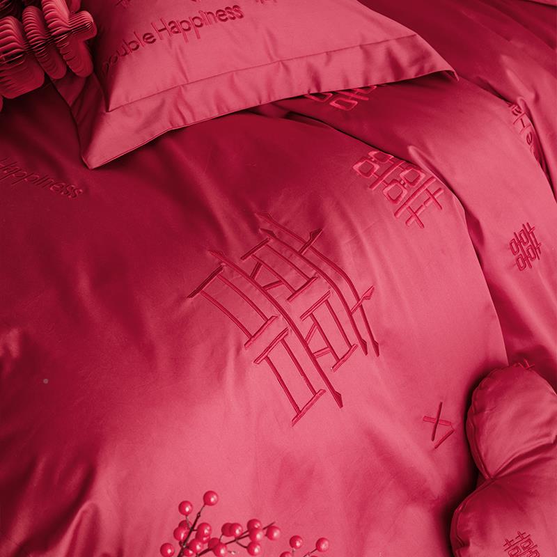 婚床庆1DHF40S长绒棉四套纯棉色结件婚房喜字床笠款红新婚品
