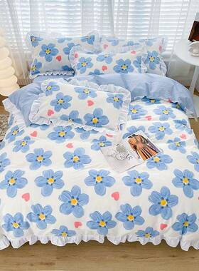 22年款全棉韩QXU版荷叶花边四件套三件套学5生床笠床0单被套床上