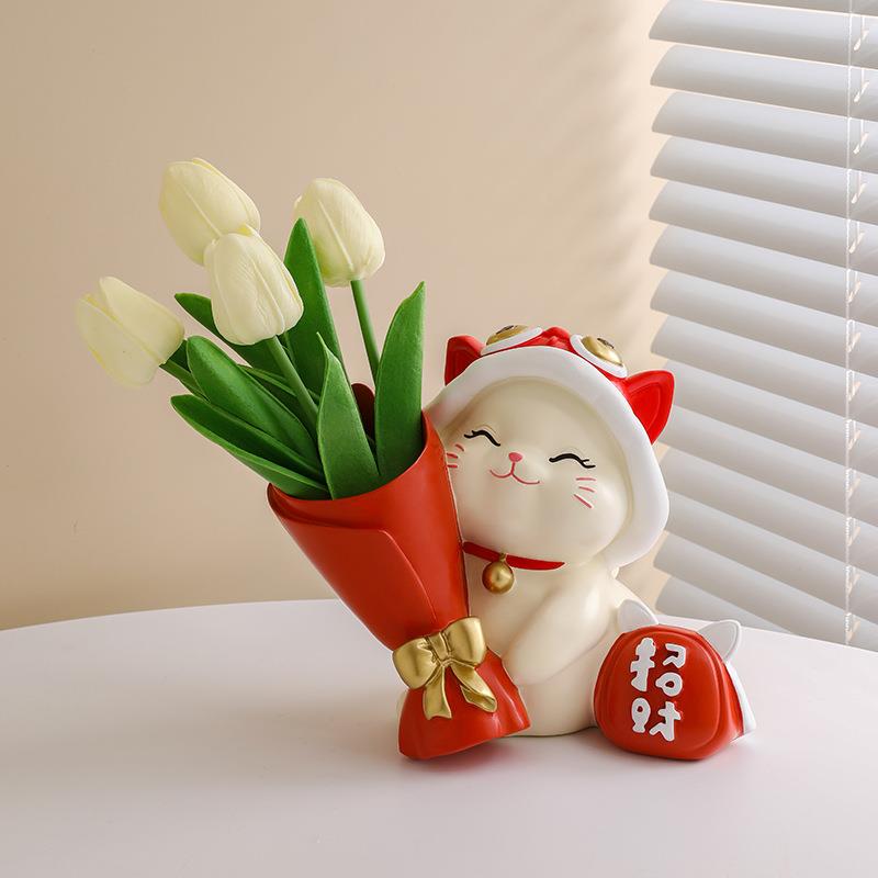 捧花招财猫摆件玄关可爱轻奢高档家居盆景客厅电视柜桌面装饰
