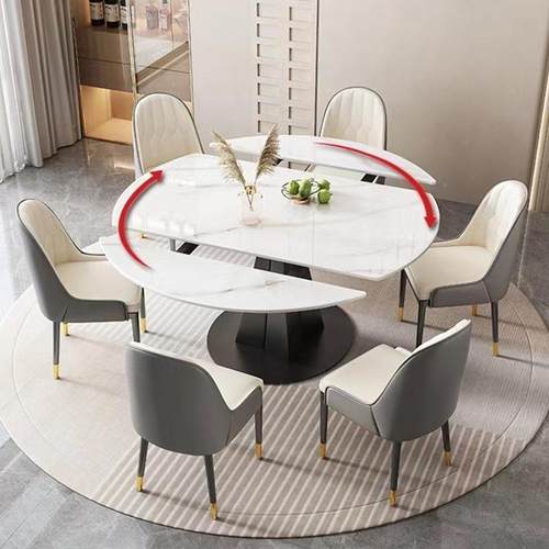 轻奢板餐桌旋转519伸缩可变圆桌方圆用家型用小户现代简约餐岩两