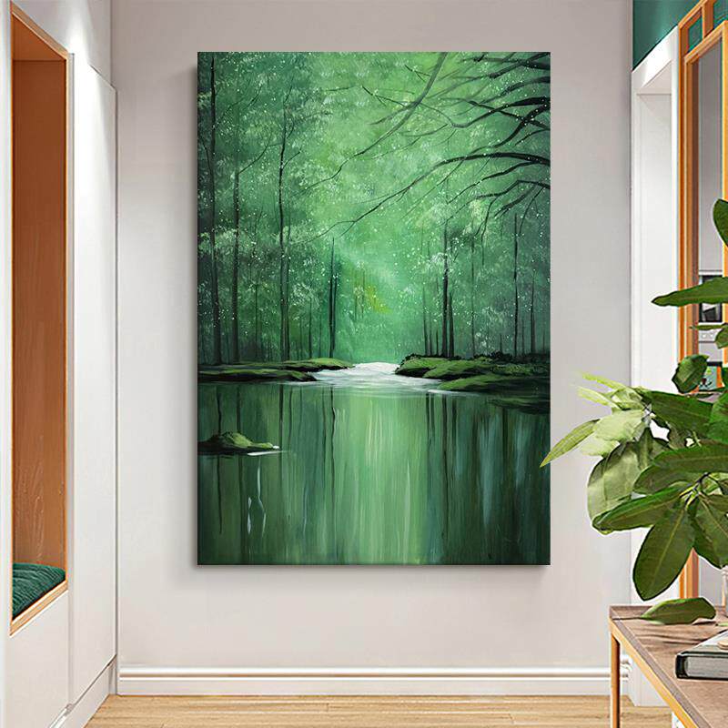 绿色林木树风森景纯手绘厅油画客河流水中倒影SXR装饰画玄关抽象
