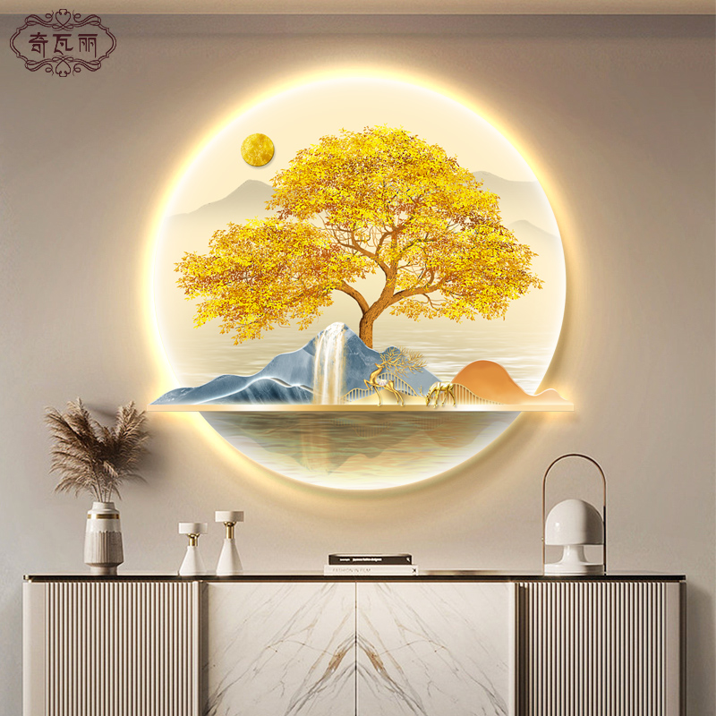 发财树入户玄关装饰画轻奢高档招B财进宝挂画圆形带灯客厅走廊壁图片