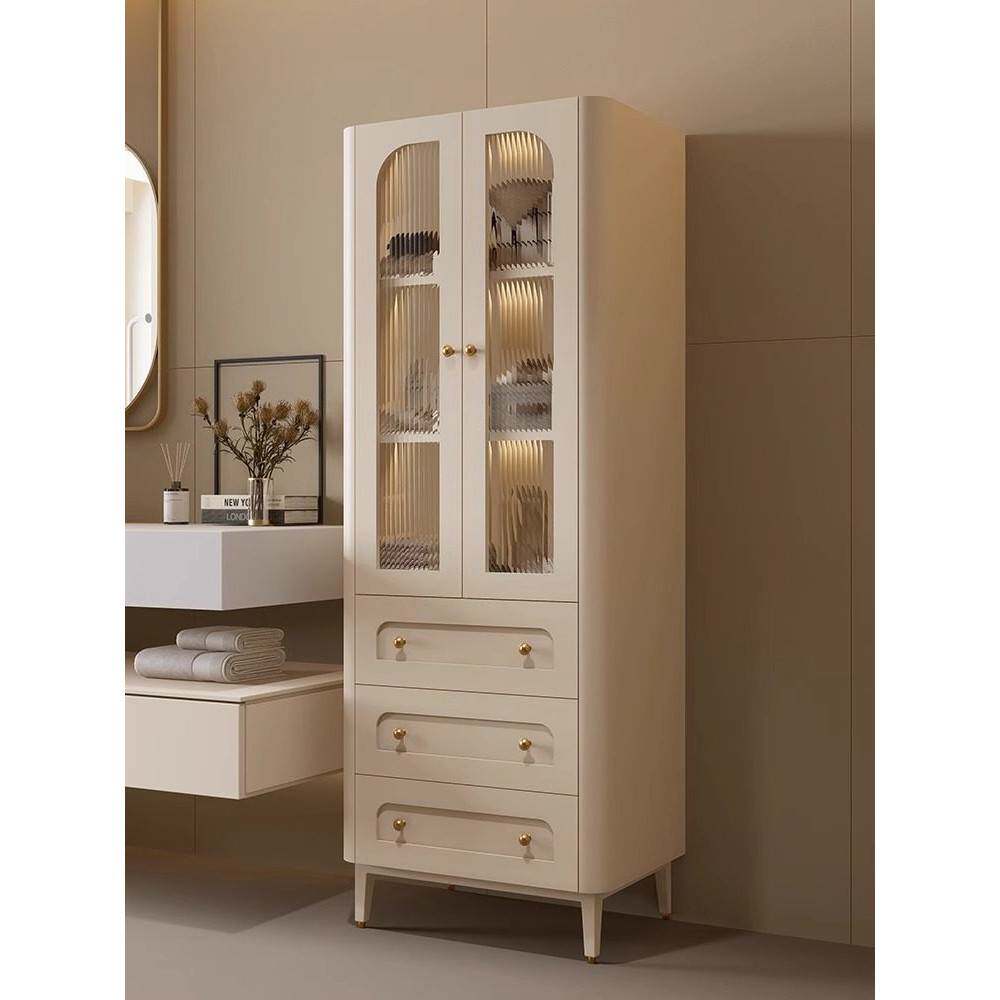 需定制新款法式奶油风实木浴室边柜卫生间立柜侧柜窄柜毛巾收纳柜