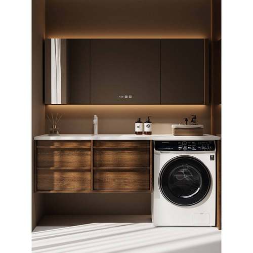 需定制柏丽山ENF级浴室柜中古风洗衣机洗手盆一体柜岩板陶瓷无缝