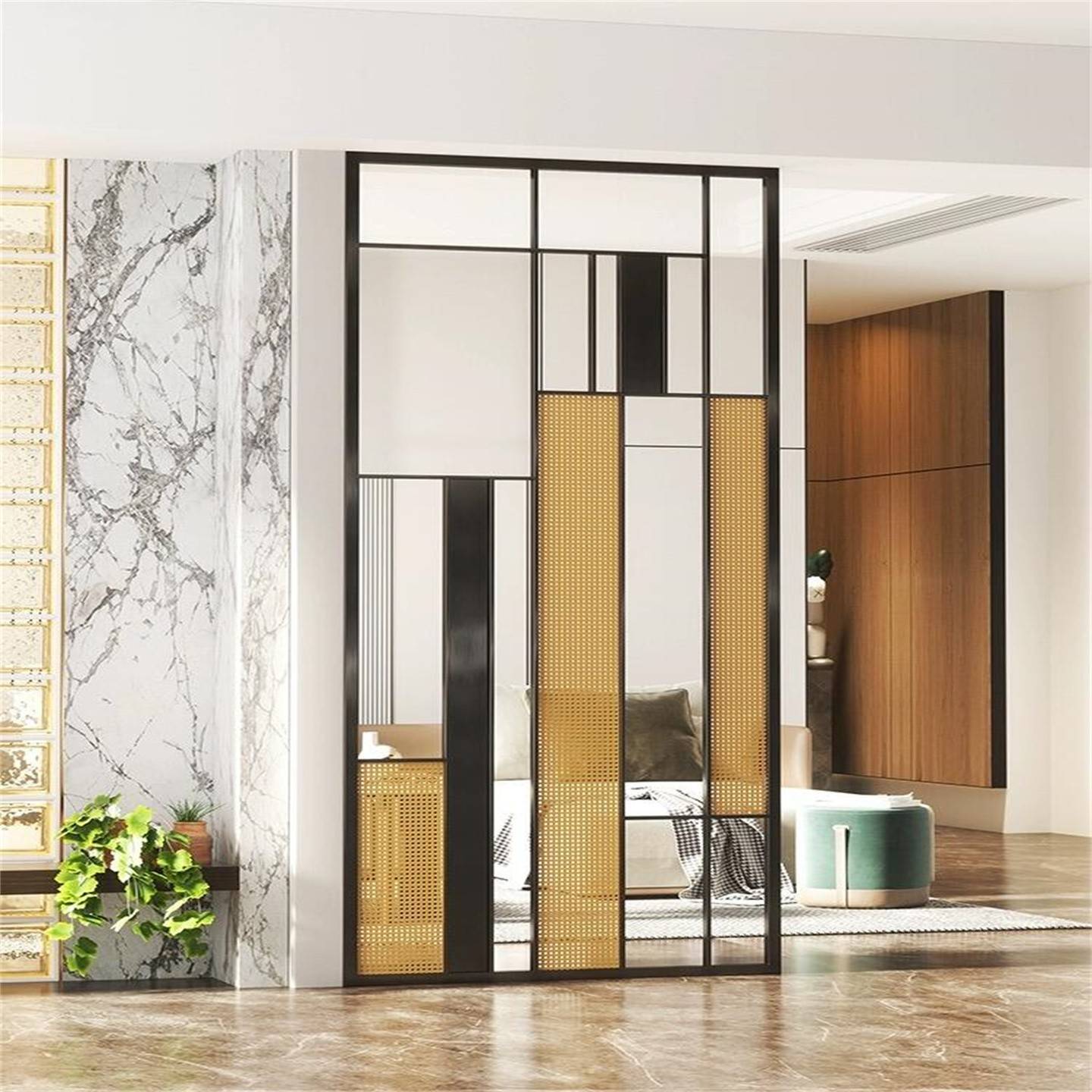 定制不锈钢屏风新中式艺术夹丝玻璃镂空隔断酒店大堂背景玄关隔墙