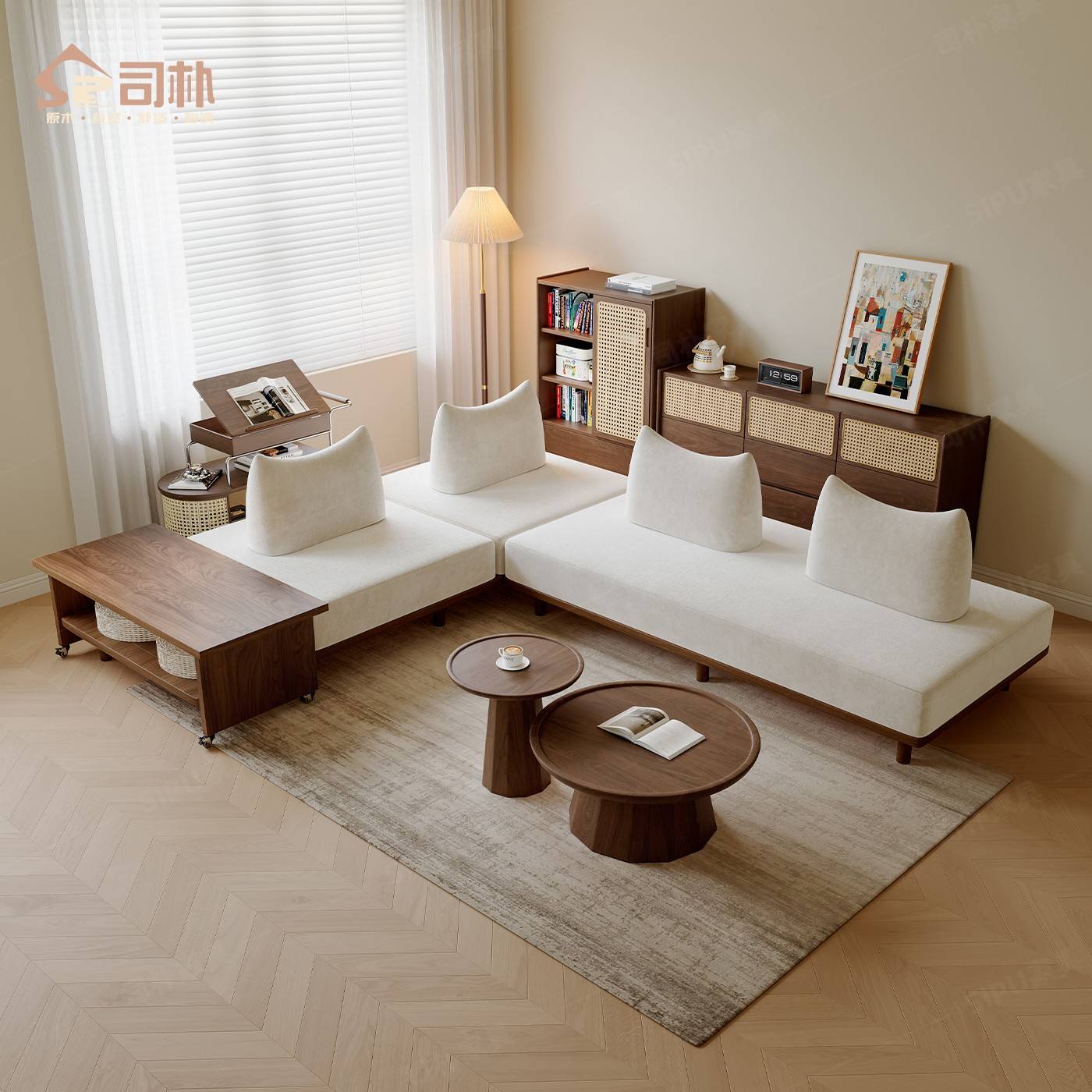 需定制司朴侘寂风客厅榻榻米地台沙发中古风胡桃色不倒翁民宿酒店