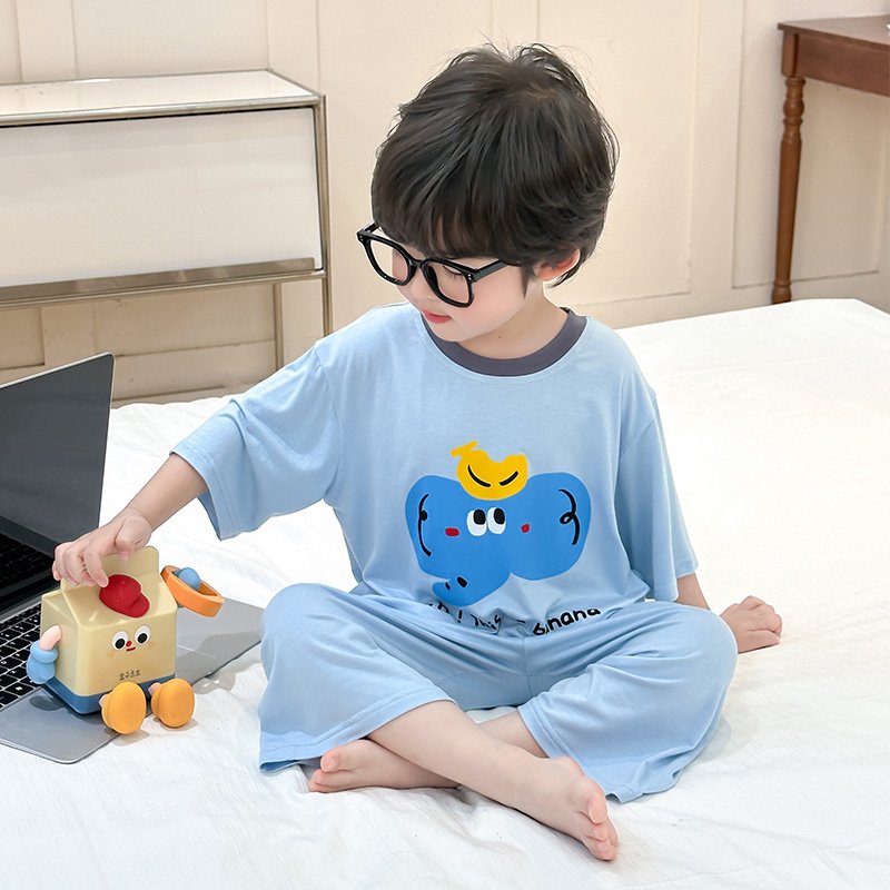 2025新款男童睡衣薄款冰丝男孩宝宝夏季空调儿童莫代尔家居服套装