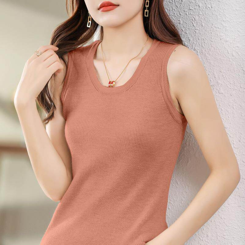 2024年秋冬新款精纺纯羊毛圆领针织吊带背心宽松抽条纯色无袖内搭