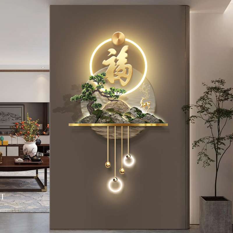 3D立体玄关装饰画走廊尽头新中式发财树福字挂画过道led高档壁画图片