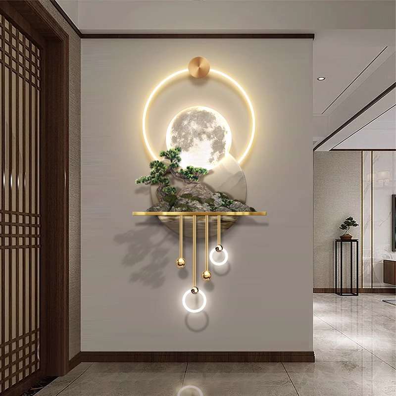 3D立体玄关装饰画走廊尽头led壁灯轻奢中式挂画过道发财树山水画图片