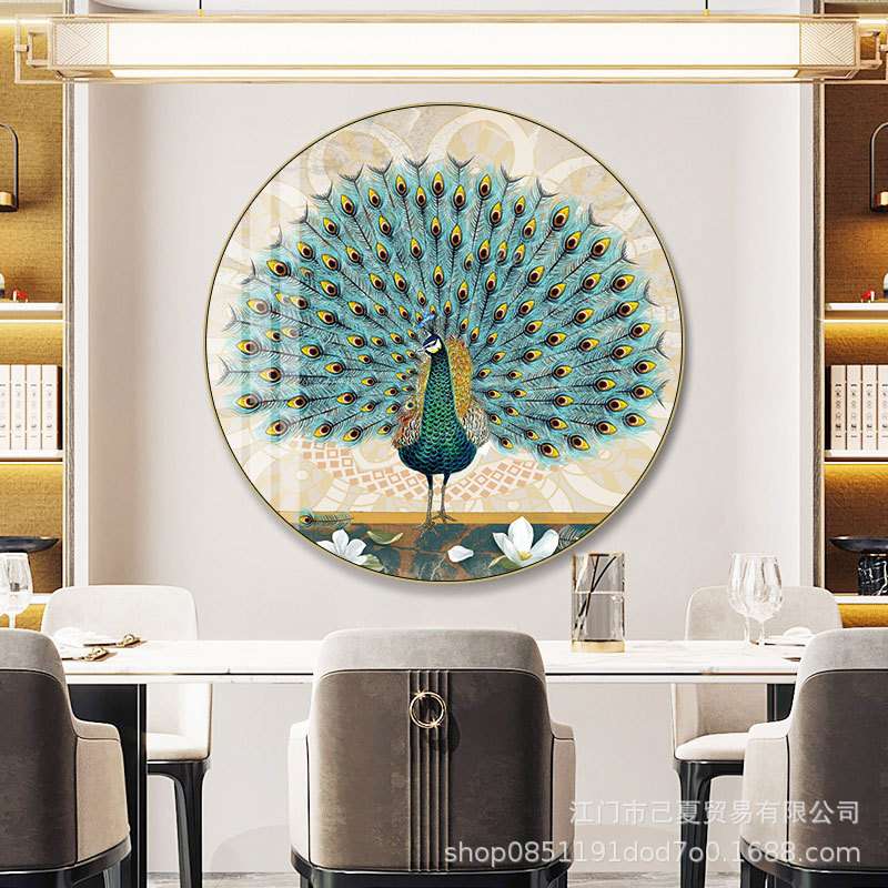 新中式孔雀开屏新中式圆形装饰画客厅餐厅壁画玄关走廊挂画轻奢风图片