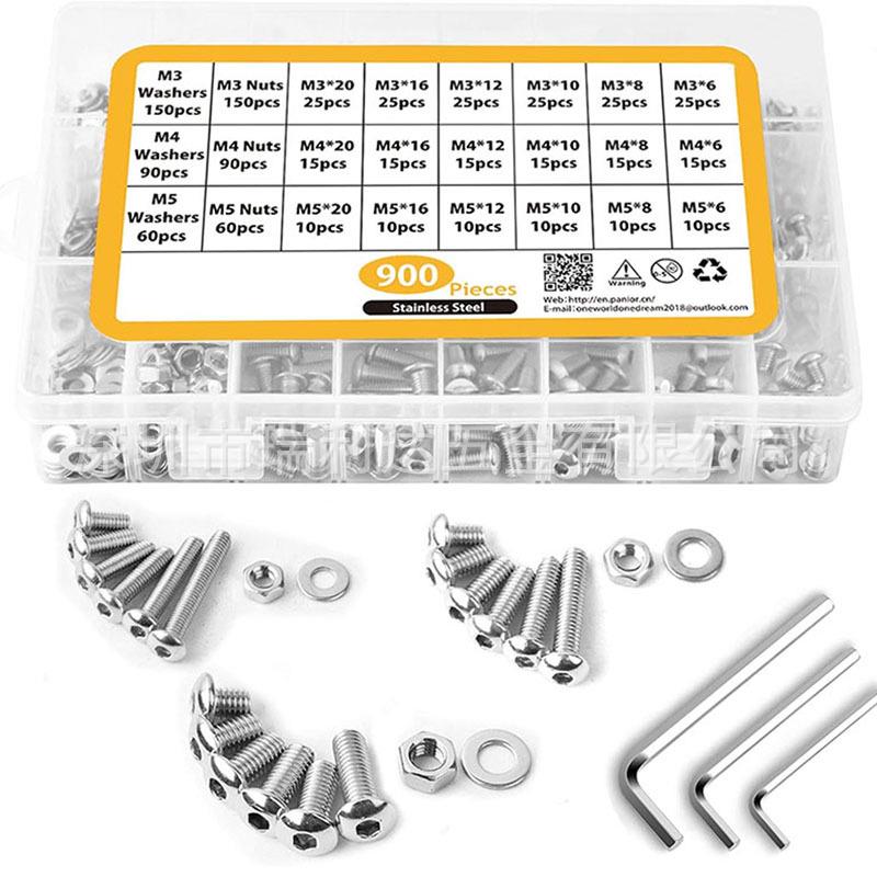 跨境货源900pcs盒装螺丝304不锈钢圆头内六角螺钉配螺母平垫套装