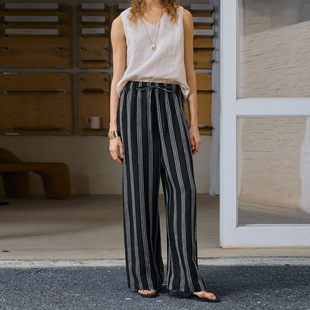 子百搭麻类阔腿裤 女简约日常通勤裤 亚麻老钱风色织条纹休闲裤 夏季