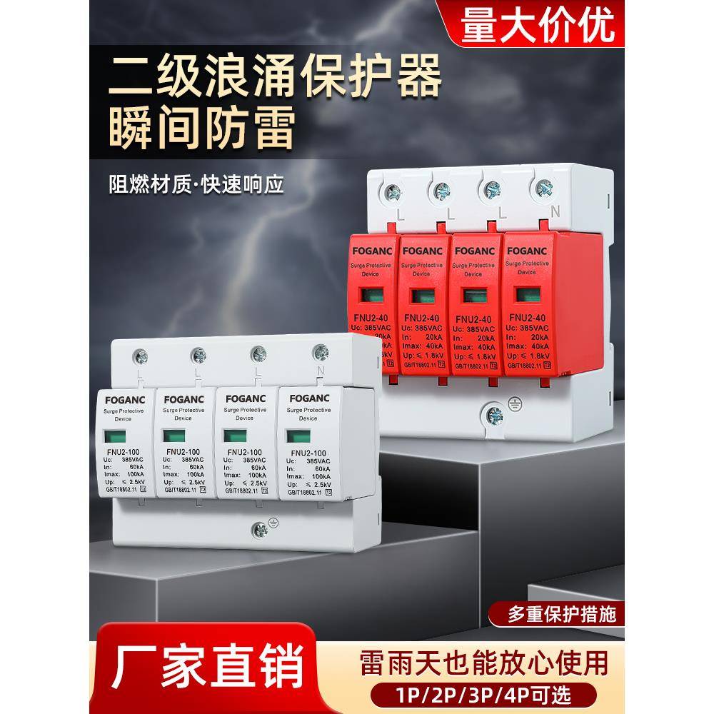浪涌防雷保护器避雷器220V2P二级家用电涌开关光伏4P40kA60ka380V